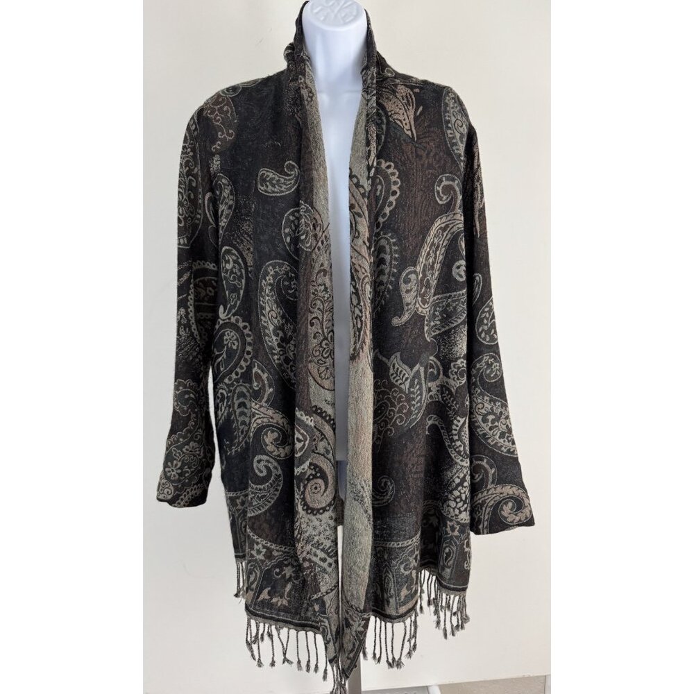 SOFT SURROUNDINGS Black/Multi-Color Paisley Print Woven Wool Blend Cardigan Sz L